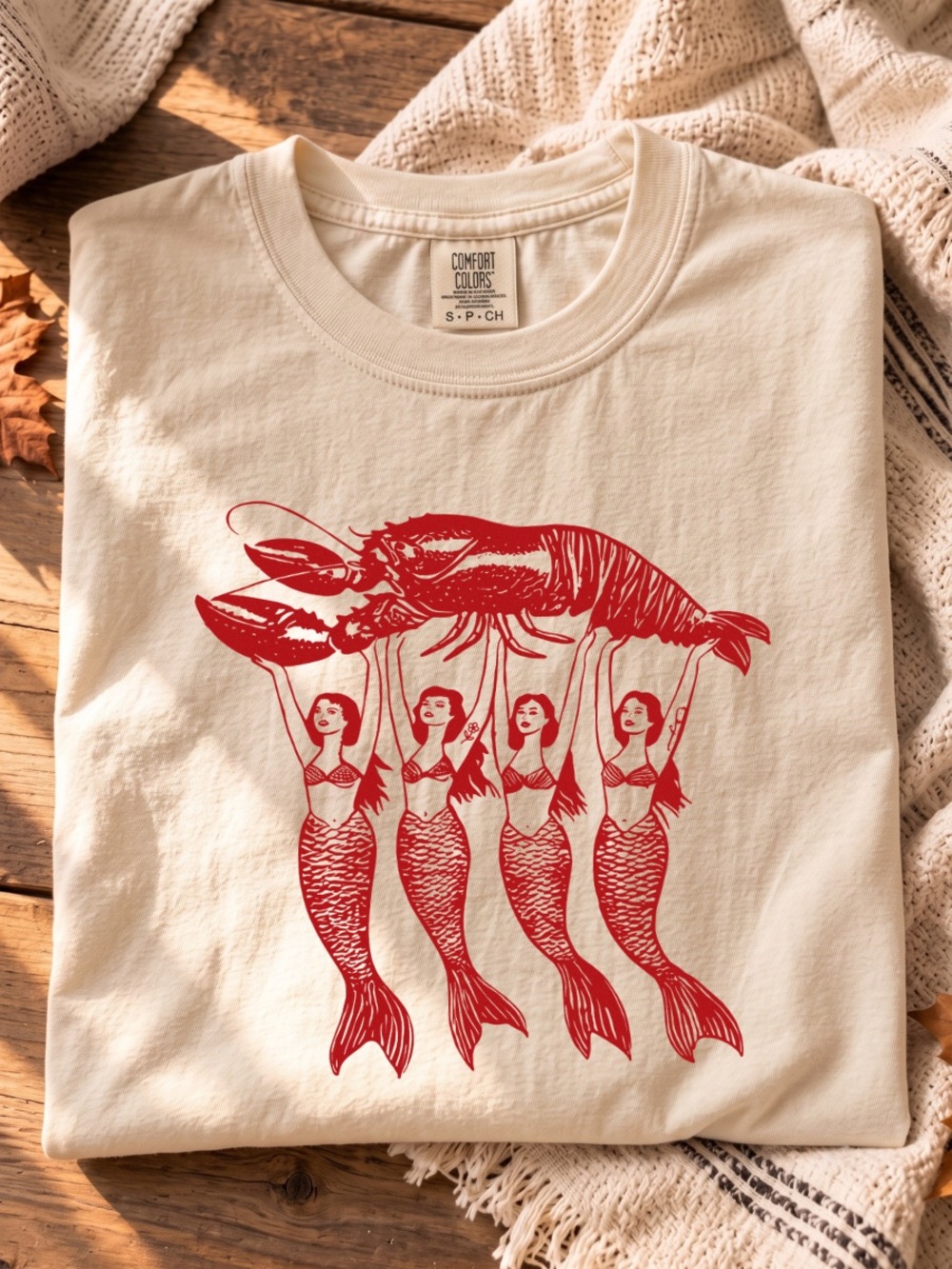 Comfort Colors Cream Tee with Red Mermaid & Lobster Artwork